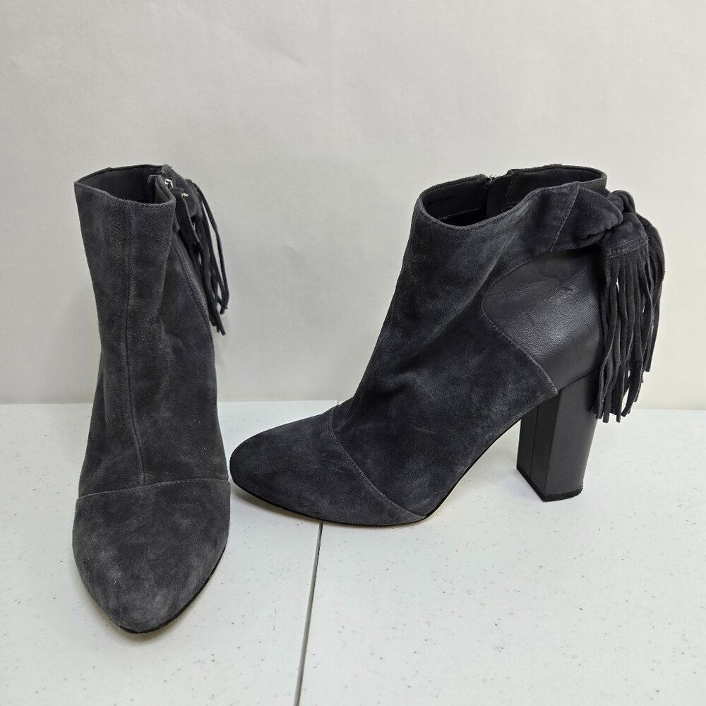 White House Black Market Womens 10 M Gray Suede Ankle Boots Fringe Heels Booties